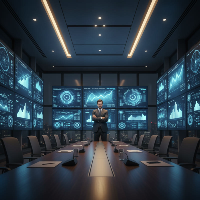 An executive standing alone in a corporate boardroom surrounded by AI dashboards, looking uncertain