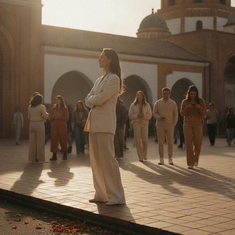 A lone figure standing apart from a crowd at golden hour