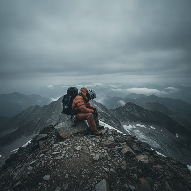 A figure sits alone at a mountain summit, head bowed in exhaustion, not looking at the stunning view below