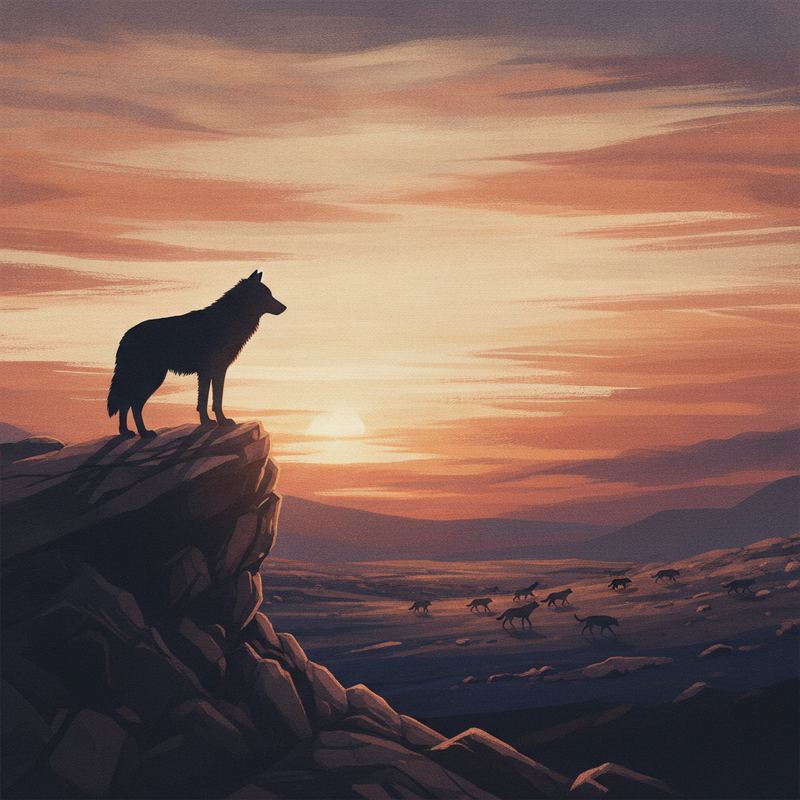 A single wolf silhouette on a ridge watching a pack move together across the valley below
