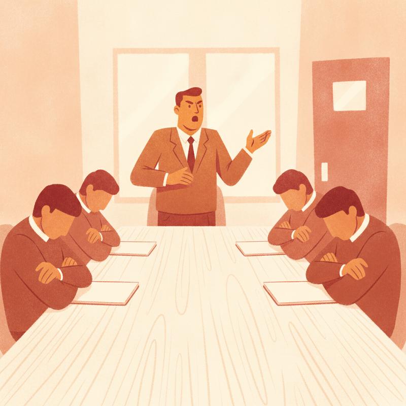 A manager standing at the head of a meeting table talking while four seated team members look down at their notebooks