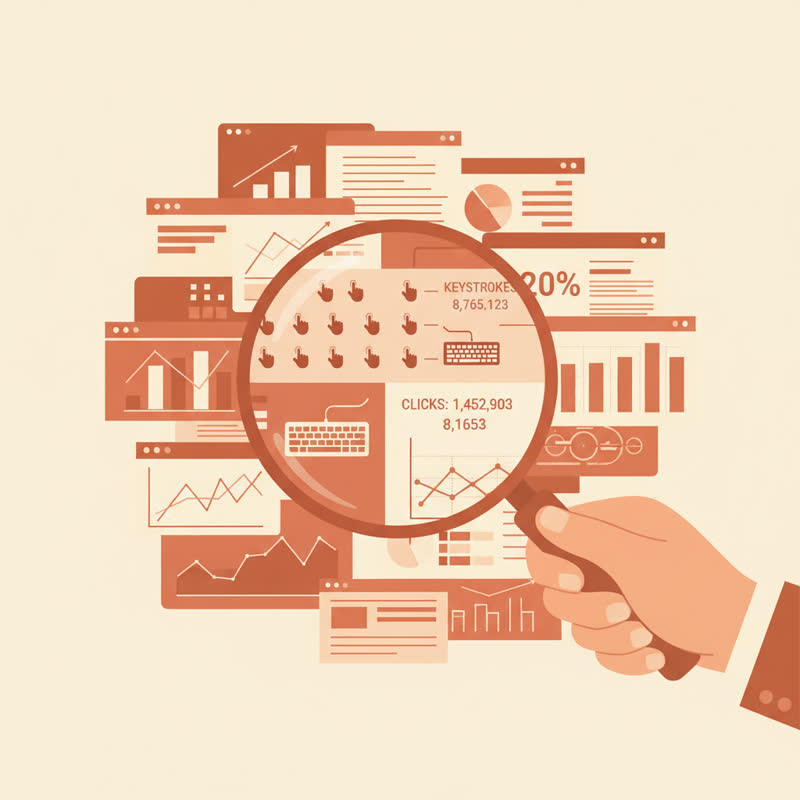 A magnifying glass held over a dashboard, revealing it is measuring keystrokes and clicks rather than outcomes