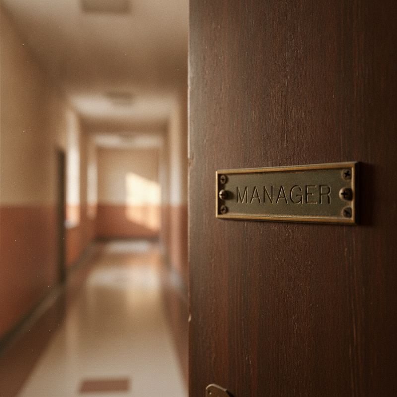 A brass MANAGER nameplate on a closed office door, empty hallway beyond