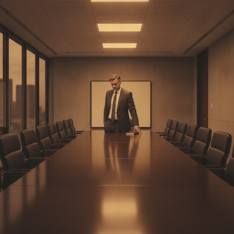 A lone manager standing at the head of a long empty boardroom table