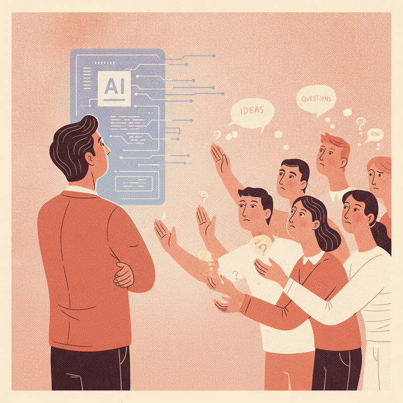 A manager faces an AI dashboard while his team reaches out with ideas and questions behind him