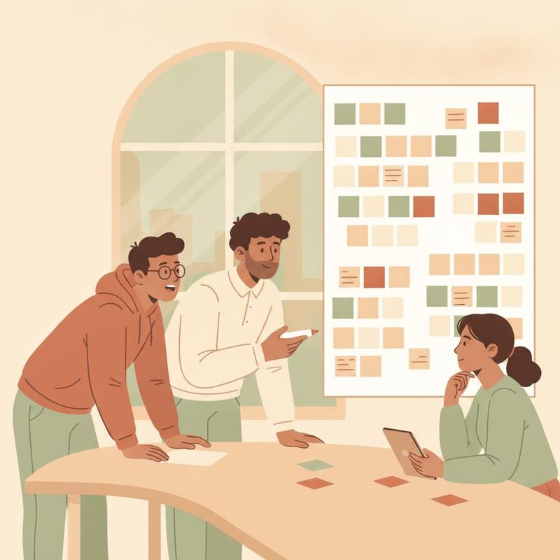 A manager sits with a small team at a whiteboard covered in sticky notes, listening and taking notes as engineers talk