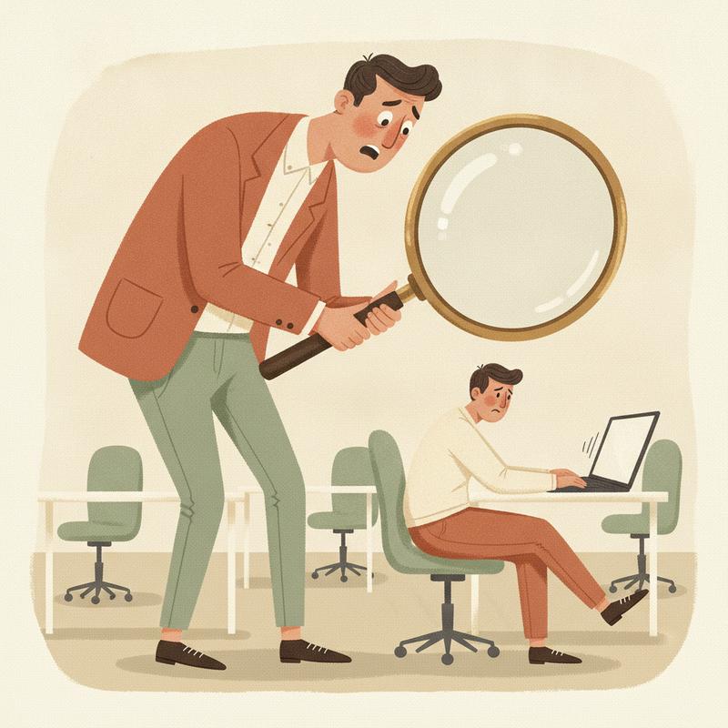 Illustration of a manager holding a giant magnifying glass over an uneasy employee working at a laptop in an empty office