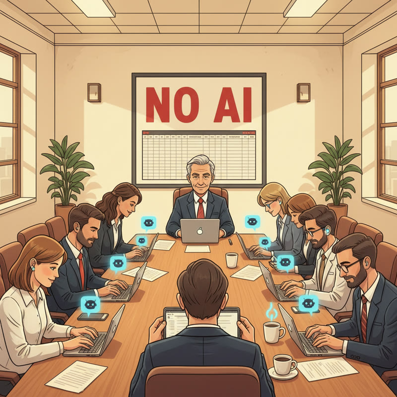 A boardroom manager with a NO AI sign on the wall while all employees secretly use AI chatbots on their devices