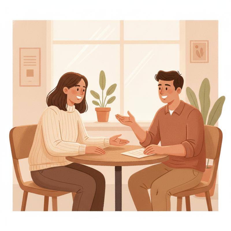 A manager and employee sitting across a small table, having a genuine one on one conversation