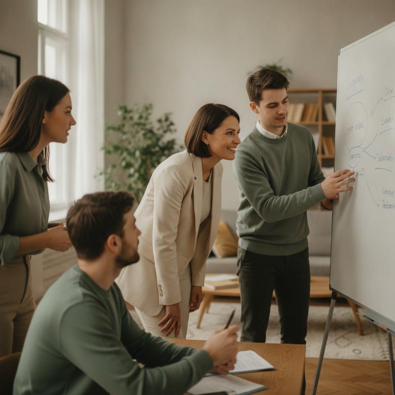 A team leader engaging with their team at a whiteboard, no technology in sight