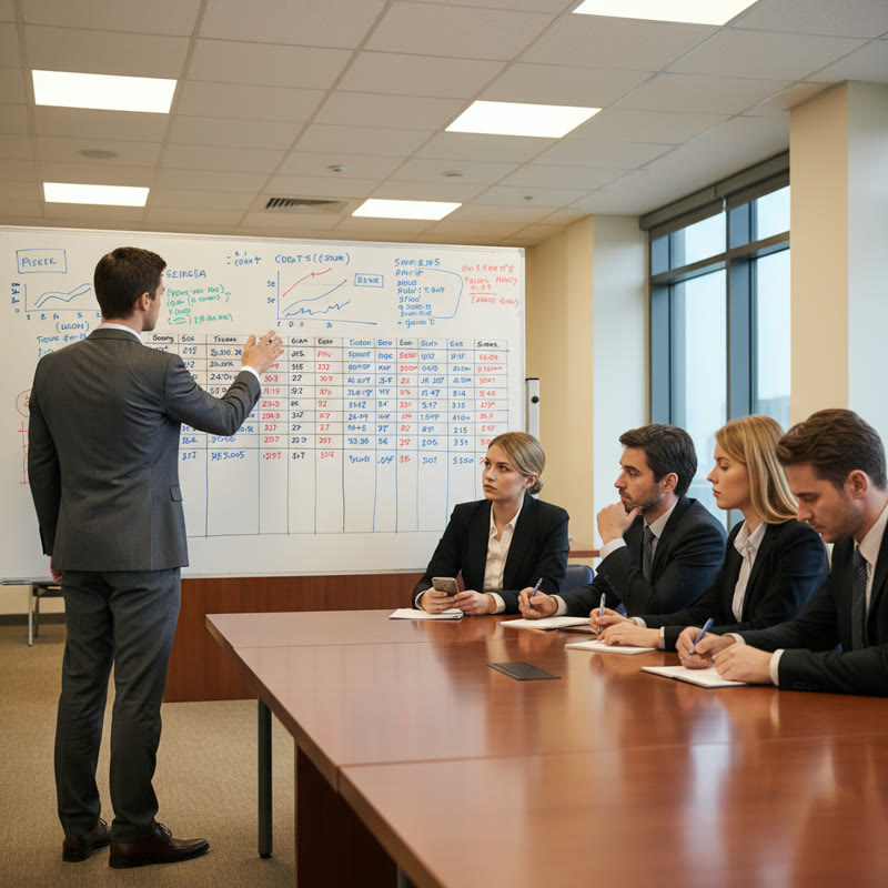 A manager presenting financial charts while a team sits disengaged around a conference table