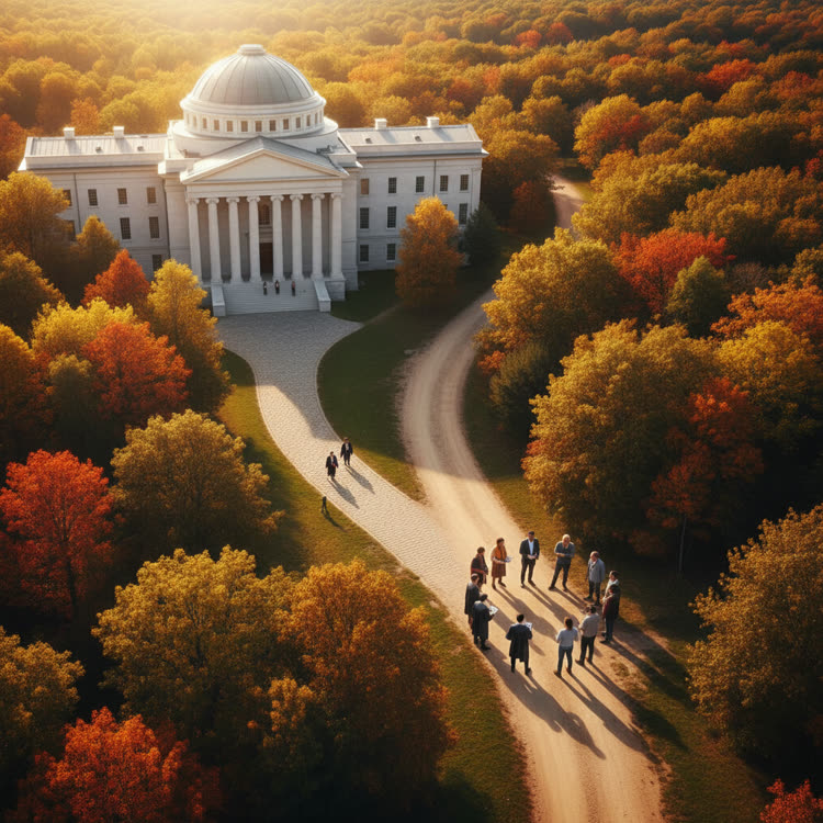 A fork in a road near a university building, one path leading toward a group of people collaborating in autumn sunlight