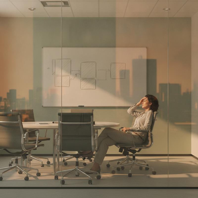 A tired manager sitting alone in a glass meeting room after everyone has left, eyes closed, hand on forehead, a whiteboard of sketched boxes behind her