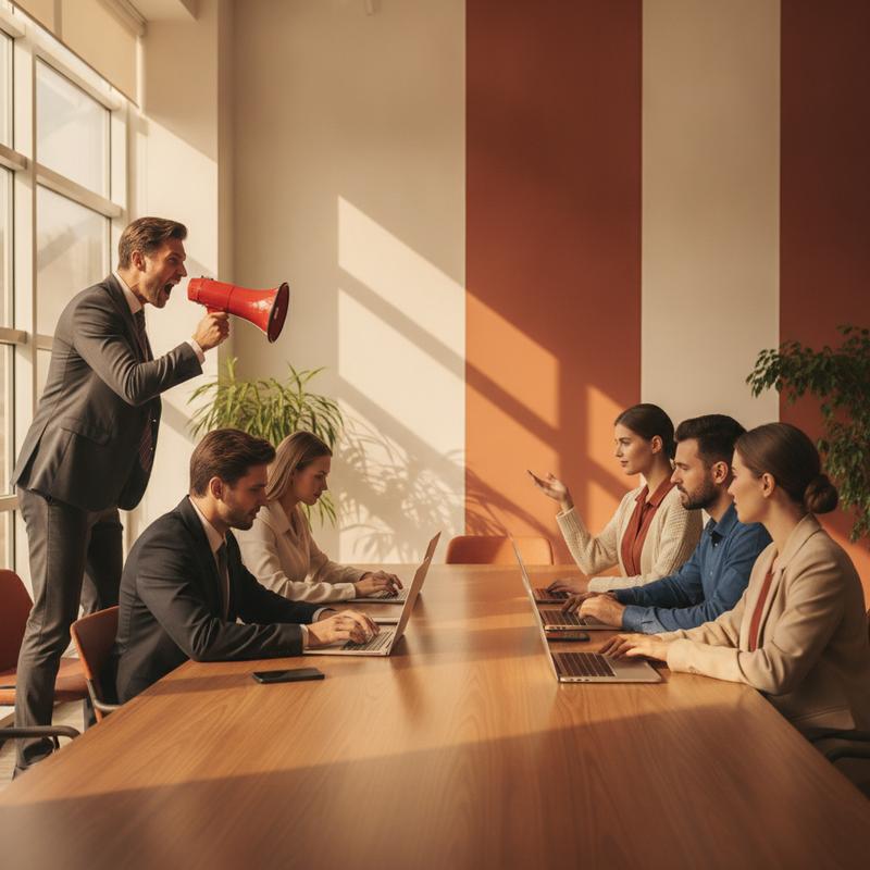 A man in a suit shouts into a red megaphone at one end of a meeting table while, at the other end, a calm woman raises her hand and two colleagues turn to listen to her