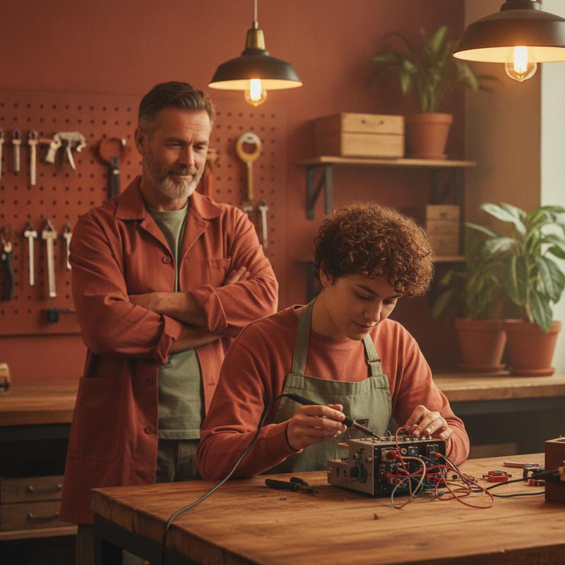 A mentor watching from a slight distance while someone works at a workbench, trusting rather than hovering