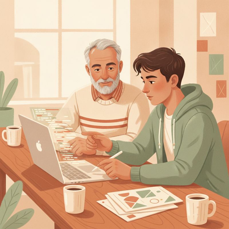 A senior engineer and a junior developer sitting together reviewing code on a laptop screen