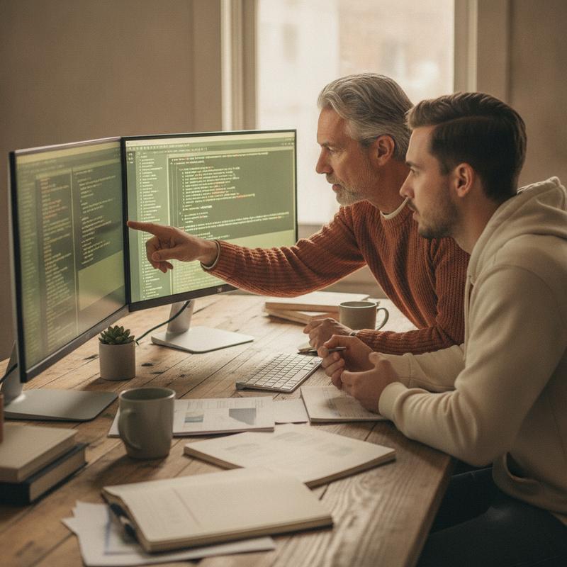 A senior software engineer mentoring a younger engineer at two monitors, pointing at code together