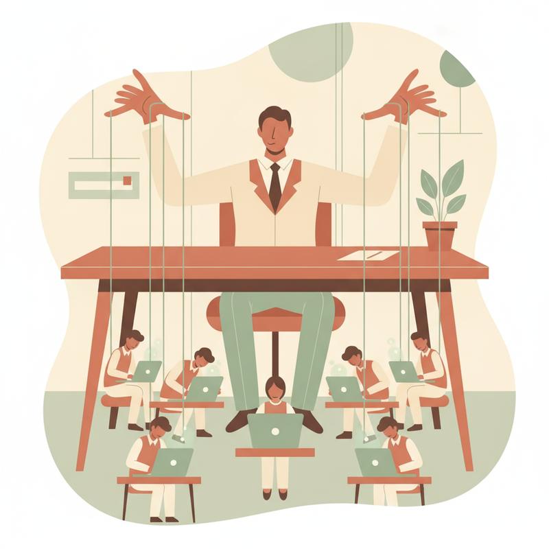 A manager as a puppeteer pulling strings over workers at their desks