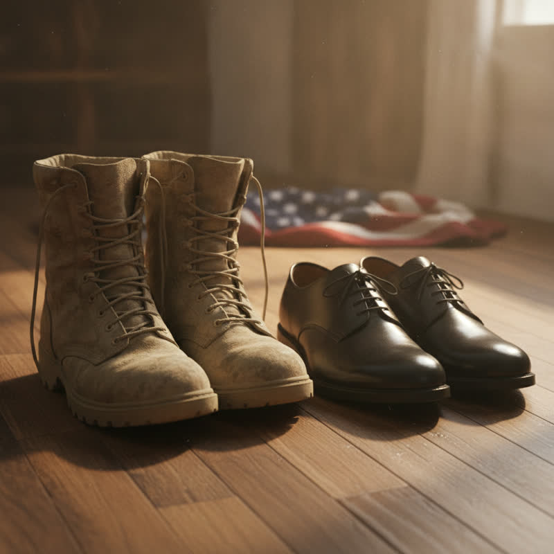 Military boots and dress shoes side by side, representing the transition from soldier to executive
