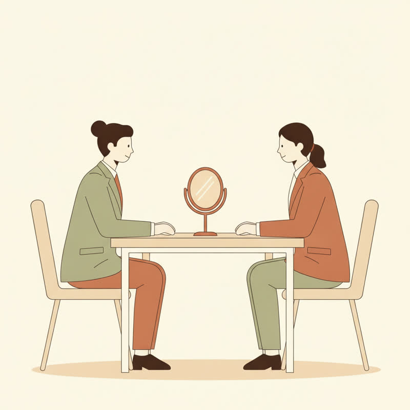 Two nearly identical people sitting across from each other at an interview table with a mirror between them