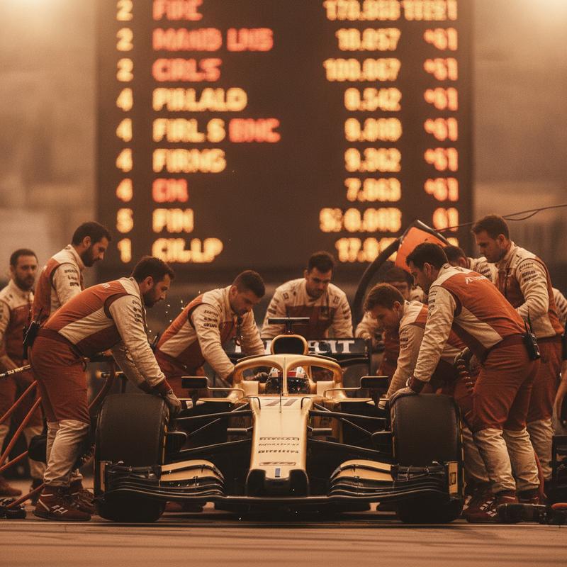 A Formula 1 pit crew working intensely on a race car while the race leaderboard glows out of focus in the background