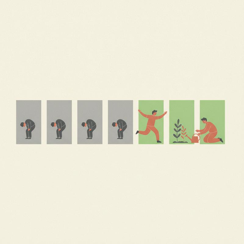 A week drawn as seven blocks, five grey with a hunched figure inside each, the final two green with the same person running and gardening