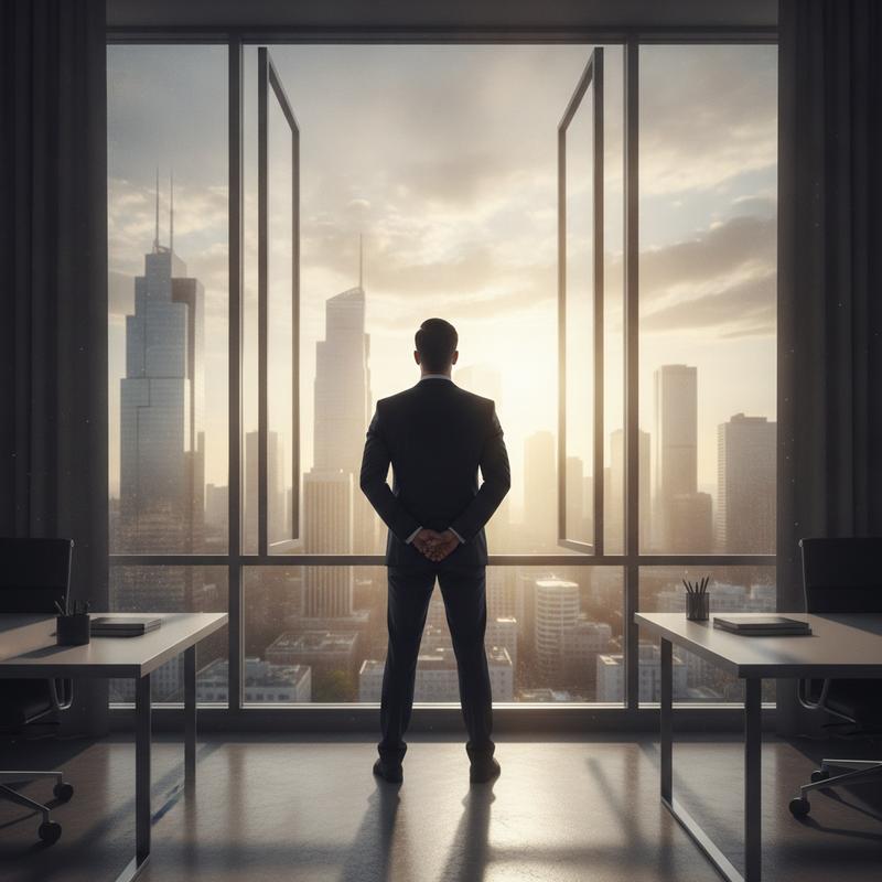 A person stands at an office window looking out at a city skyline, resolute and clear-eyed