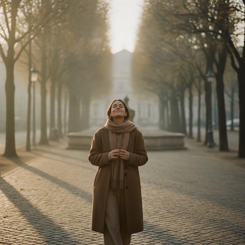 A person walking outside in soft golden morning light, calm and reflective