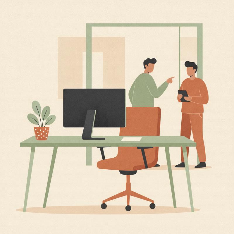 An empty office desk with a dark monitor, a pushed-in chair and a pale rectangle where the nameplate used to be