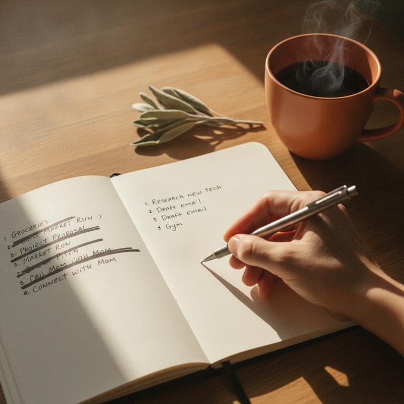 A hand writing lessons in a notebook, morning light, coffee nearby
