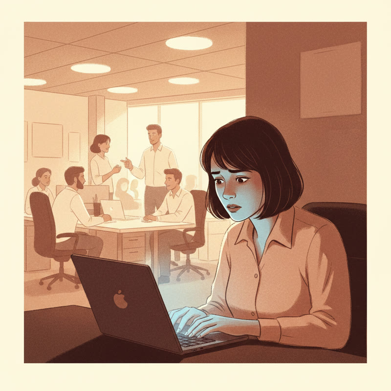 An office worker hunched over a laptop in a dimly lit office corner, colleagues visible in the bright background unaware