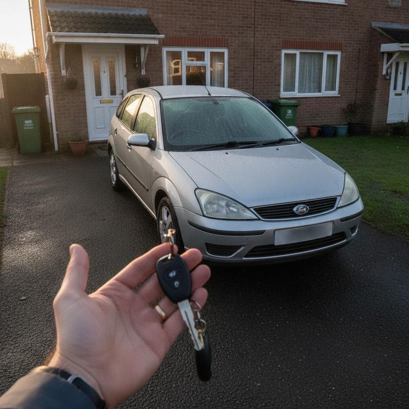 A hand holding car keys in front of an ordinary silver hatchback parked on a wet driveway at dawn