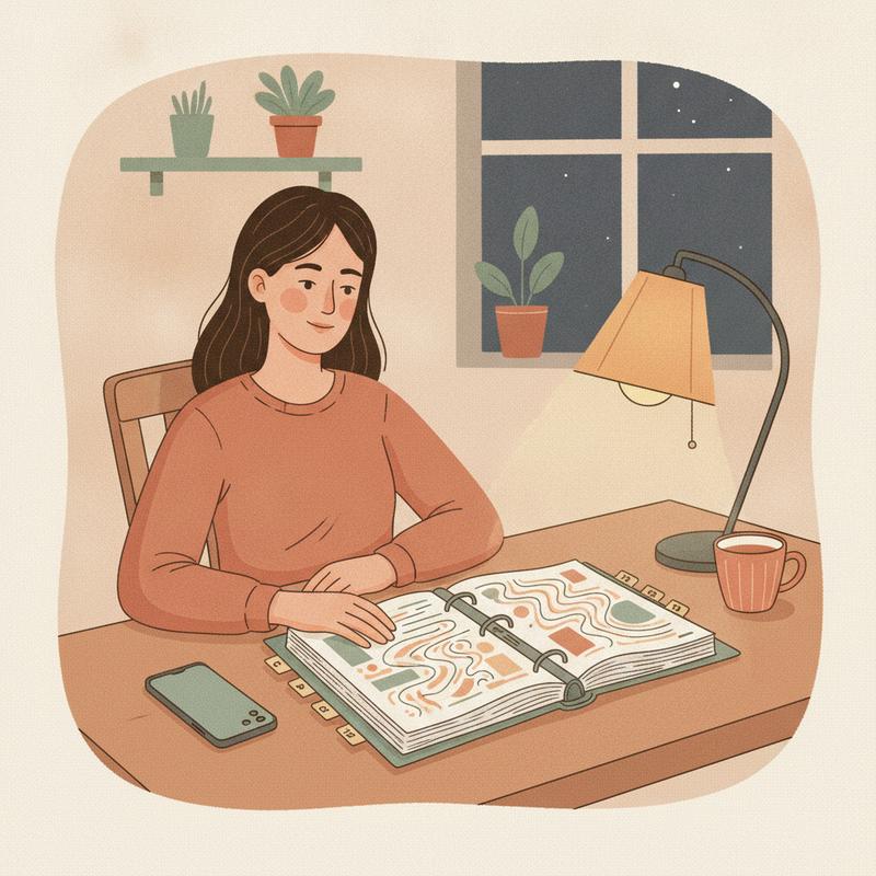 A calm engineer at her kitchen table late at night following a tabbed binder, her phone lit up beside her