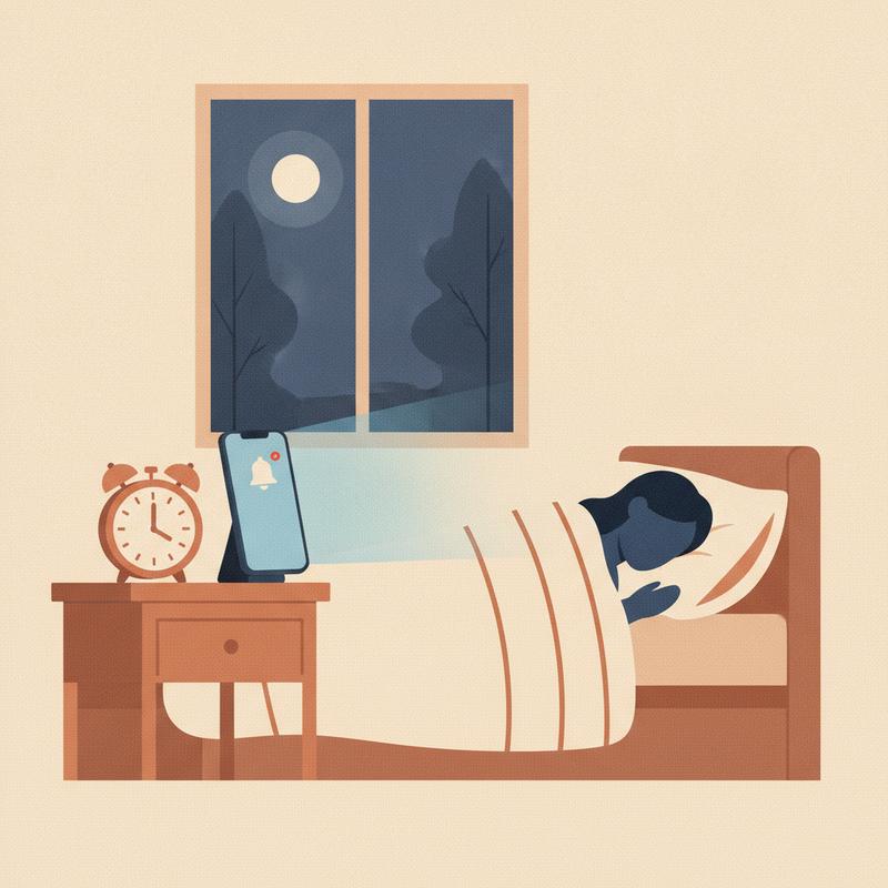 A phone glowing with an alert on a bedside table at night, next to an alarm clock and a sleeping figure