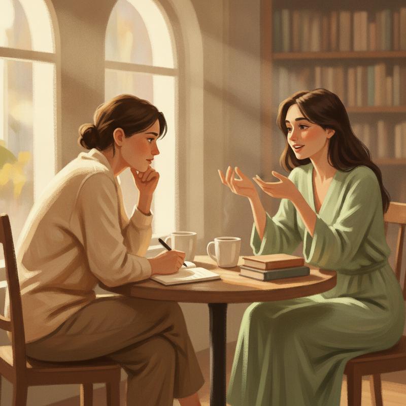 Two people in a genuine one-on-one conversation, one leaning in and listening with a notebook