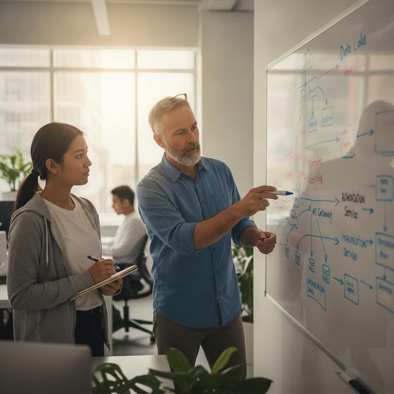 A senior engineer mentoring a junior engineer one-on-one at a whiteboard covered in architecture diagrams