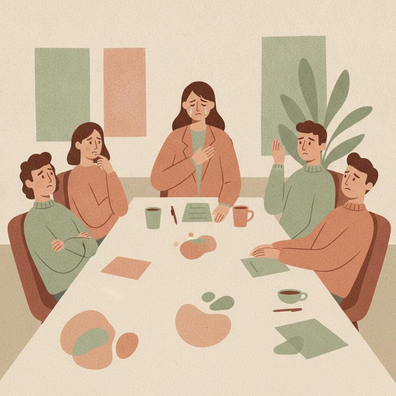 A manager at the head of a meeting table with his hand on his chest while his team leans back looking uneasy