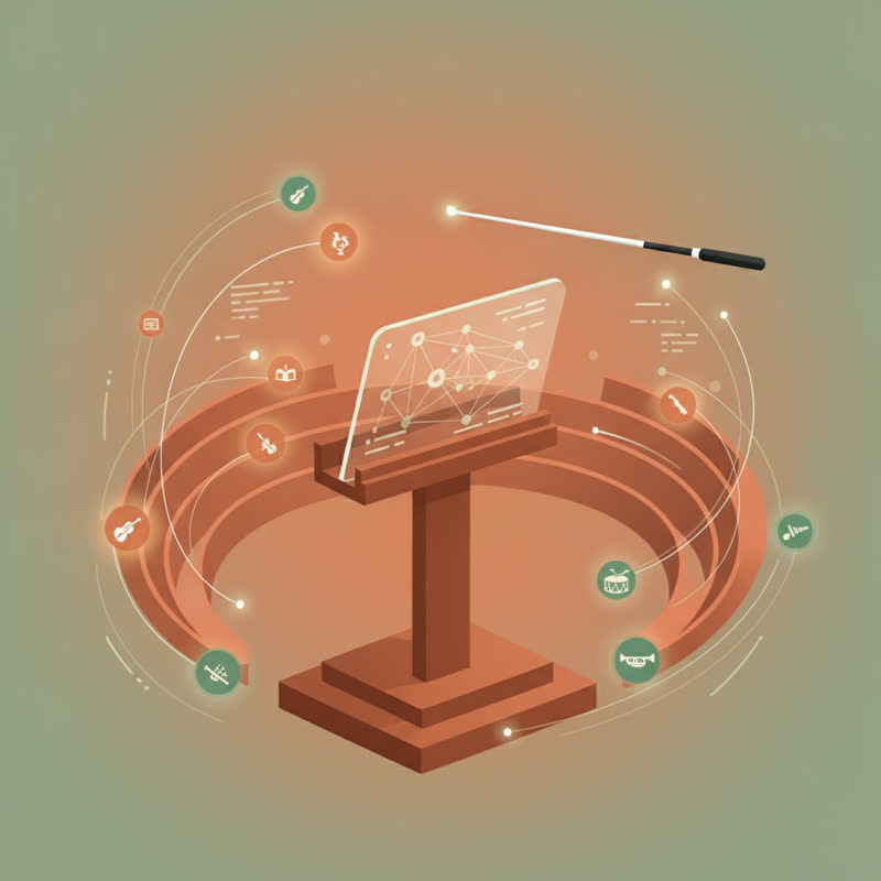 A conductor's podium transforming into a glowing network of AI agents