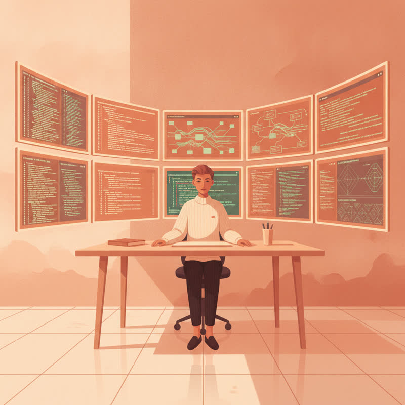 A solitary engineer facing a wall of monitors running parallel AI coding agents