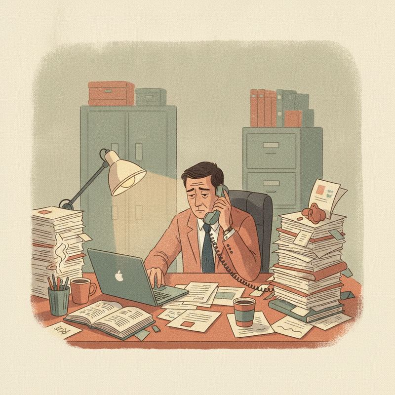 A busy exhausted business leader alone at a cluttered desk at night, juggling a phone, papers, and a laptop