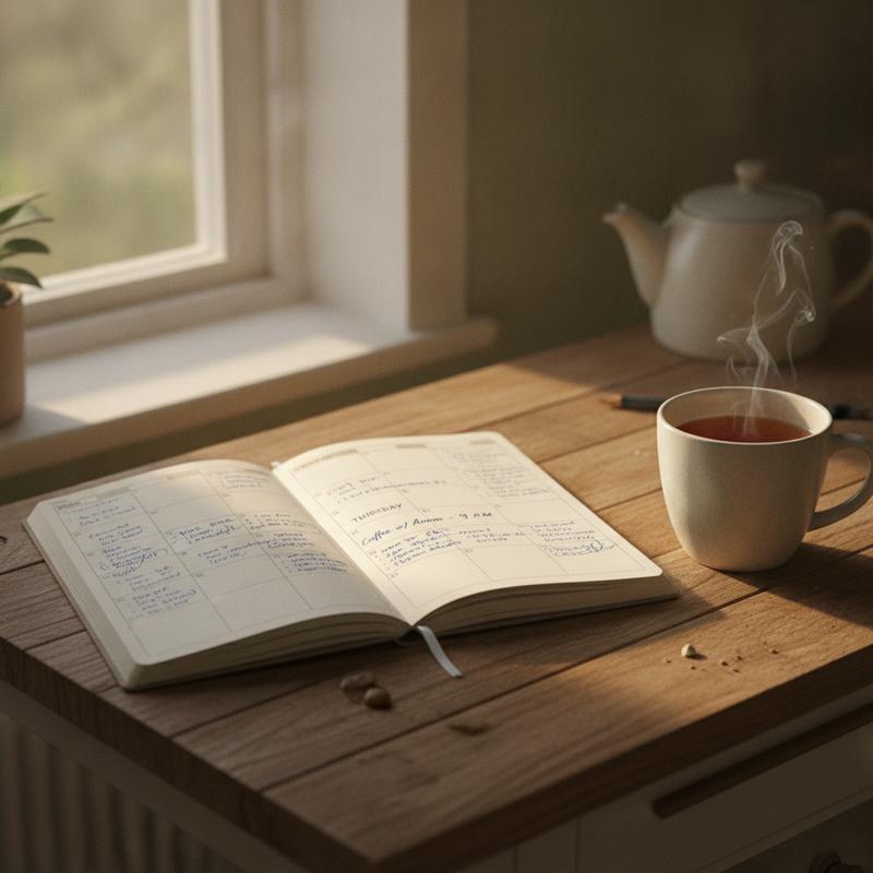 An open paper diary on a wooden kitchen table beside a steaming mug of tea, one Thursday slot filled in by hand