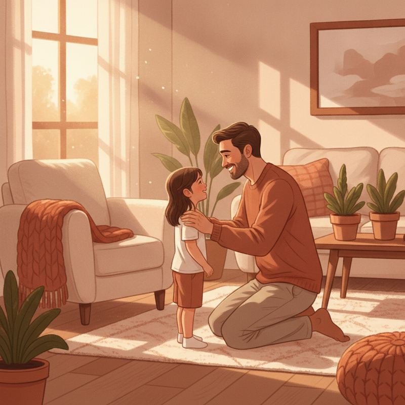 A parent kneels to a child's eye level in a warm living room, both fully present with each other