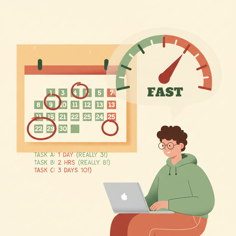 A developer at a laptop sees a giant speedometer pointing FAST while a calendar behind shows missed time estimates