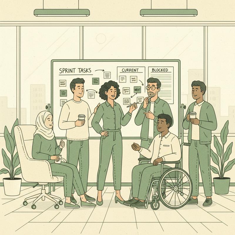A modern software team in a standup, collaborating around a sprint board