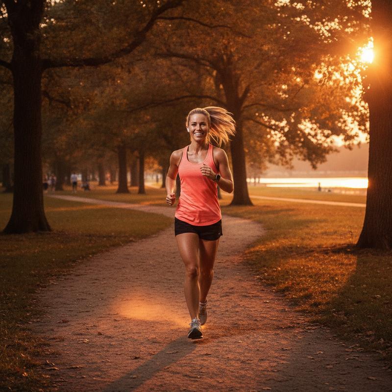 Person jogging in a park at sunset, energized and smiling, golden light through trees