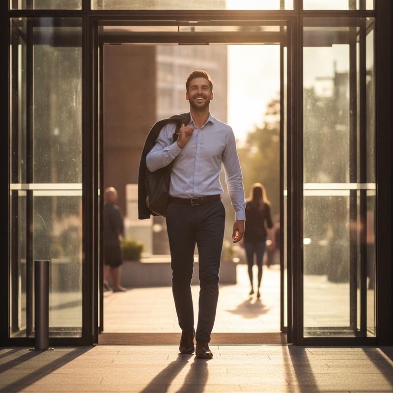 Person leaving office building energized in afternoon sunlight, relaxed and smiling