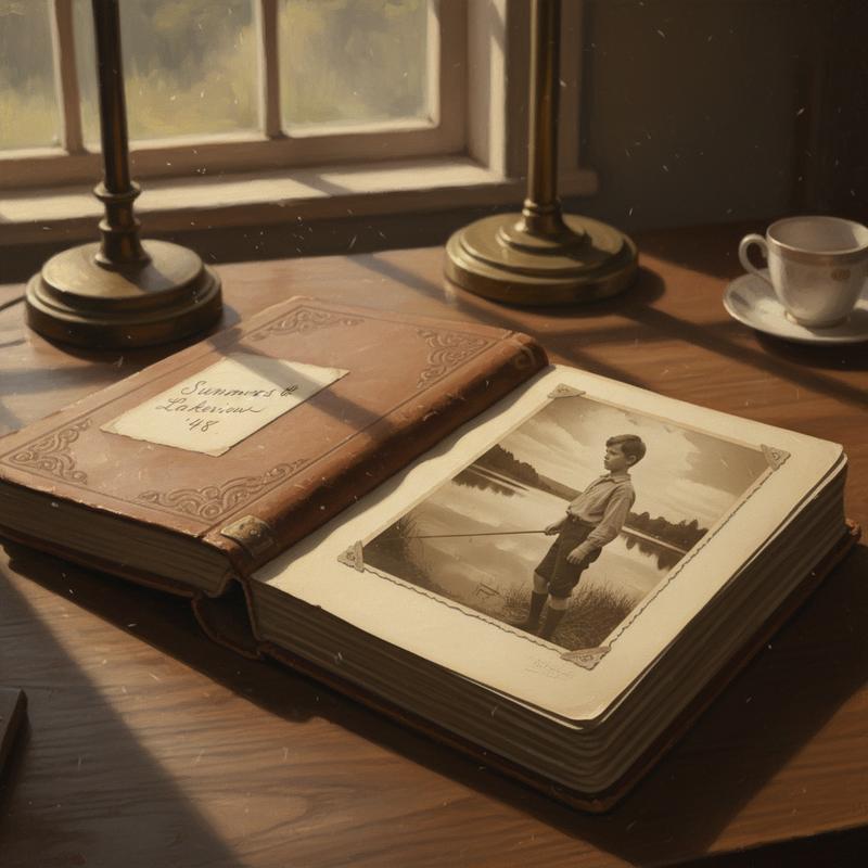 A worn leather album with a sepia photograph of a boy holding a fishing rod by a lake