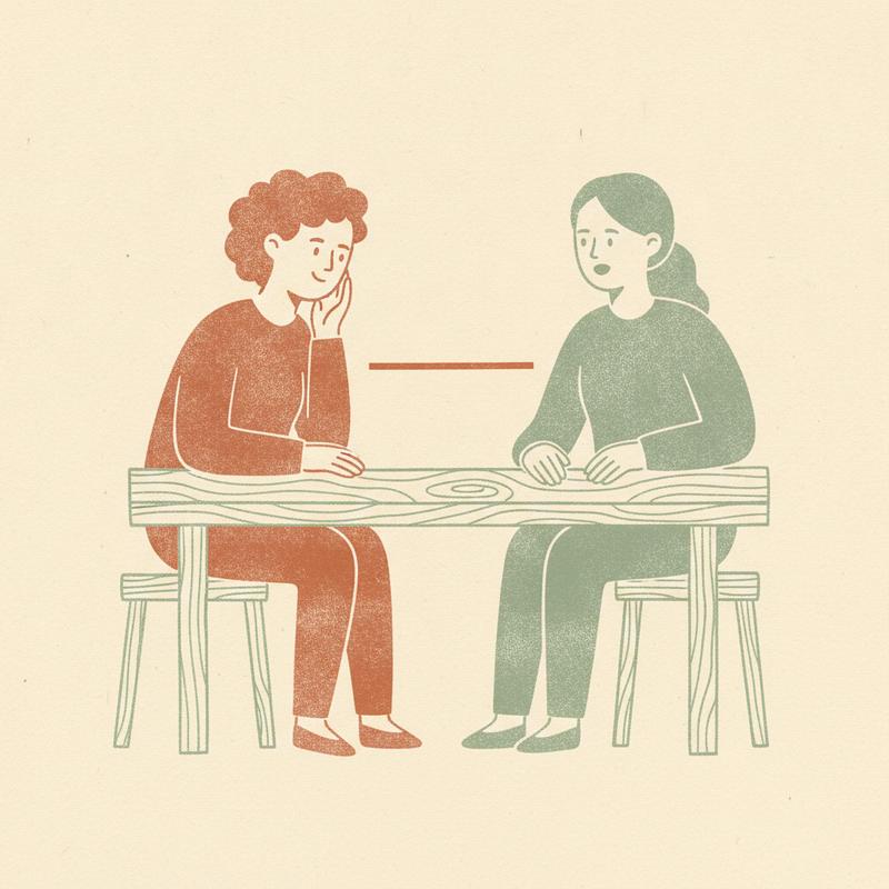 Illustration of two colleagues talking plainly across a wooden table with a clear straight line between them