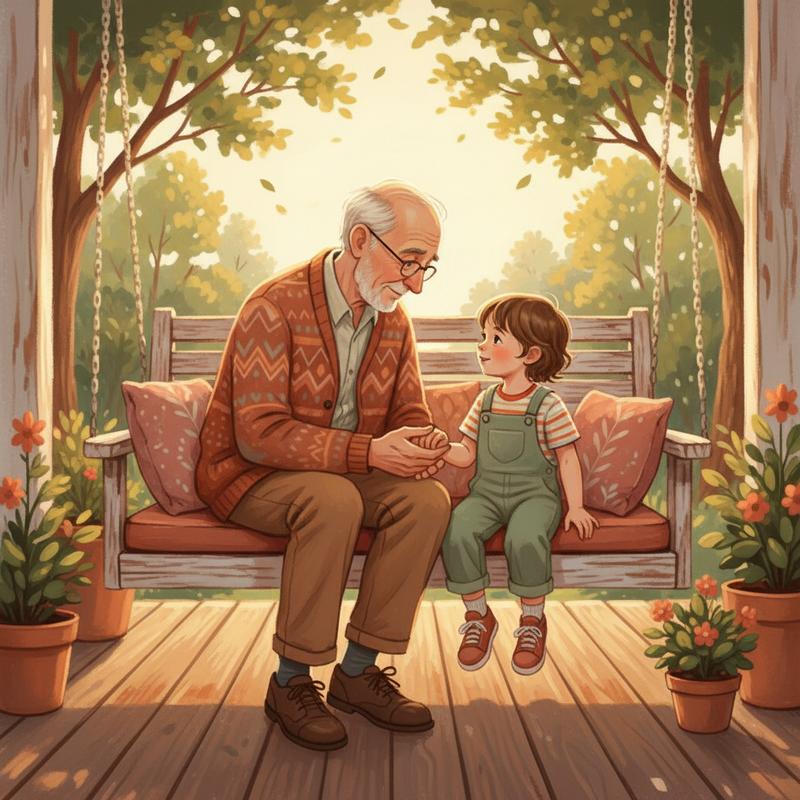 A grandfather and grandchild on a porch swing, deep in conversation, no phones in sight