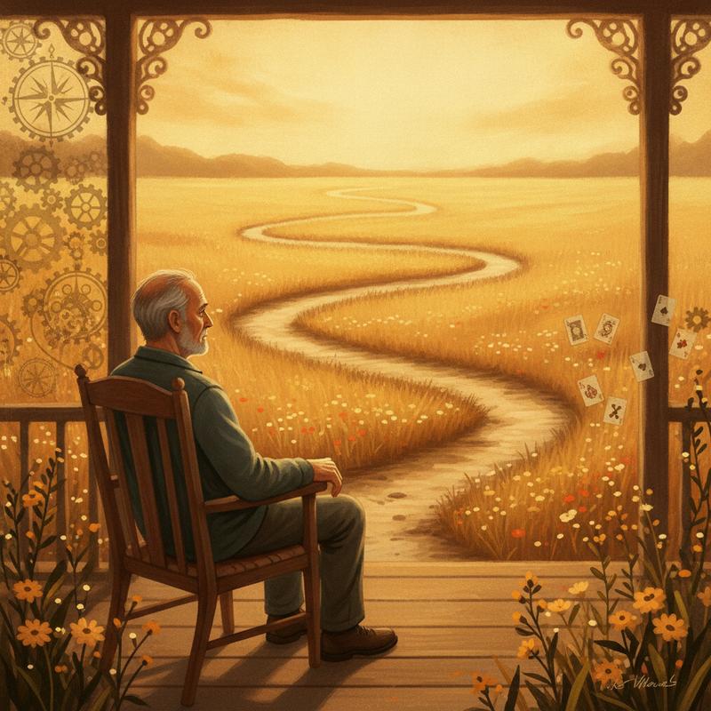 An older man sitting on a porch at golden hour, looking out over a winding path through a field